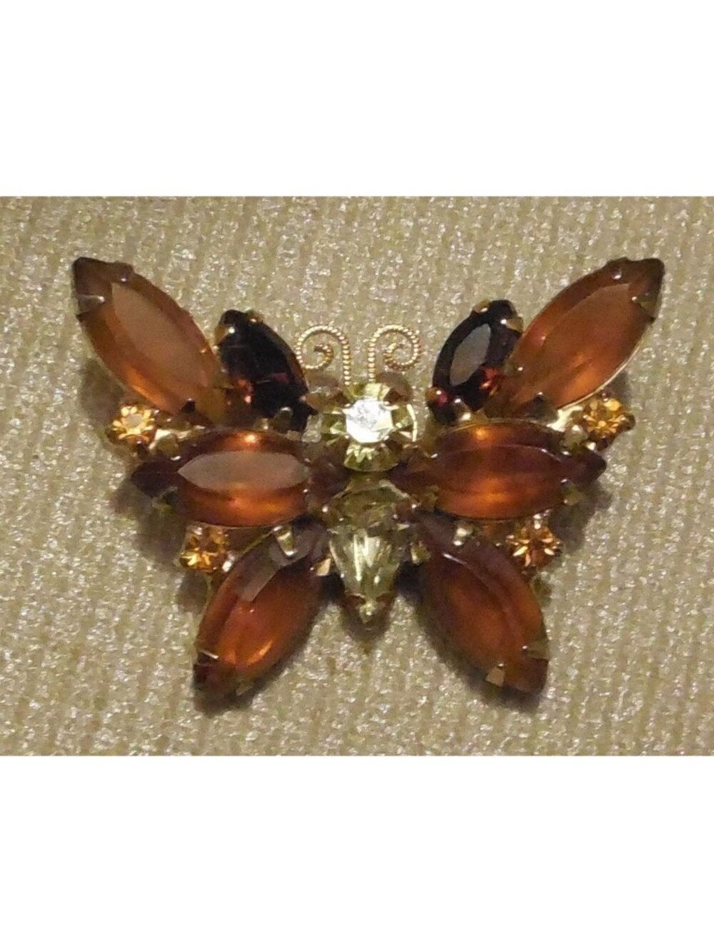 Vintage Mid-Century Rhinestone Butterfly Brooch Pin Amber Topaz 1.5”